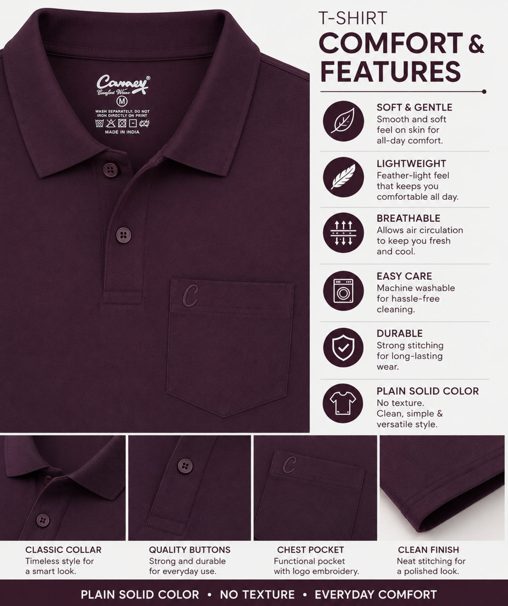 Camey Men's Plain Solid Long Sleeve Polo T-Shirt for men | Collared Casual Cotton Blend Tee with Chest Pocket