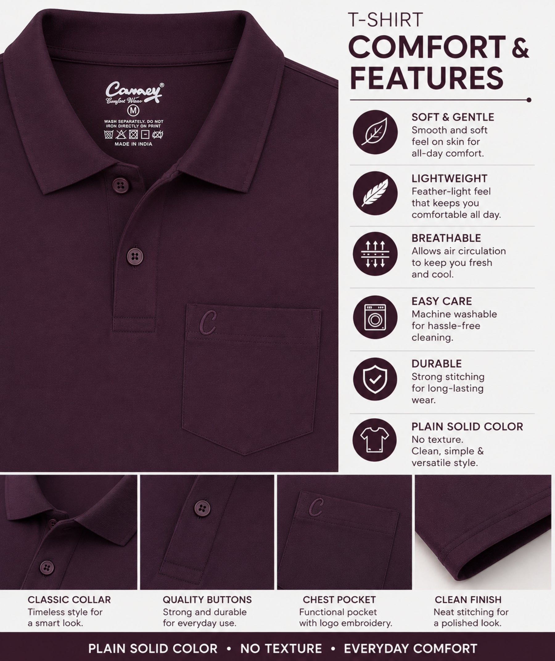 Camey Men's Plain Solid Long Sleeve Polo T-Shirt for men | Collared Casual Cotton Blend Tee with Chest Pocket