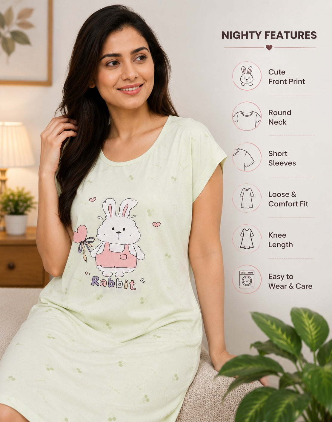 Women's Cute Cartoon Printed Knee Length Nighty | Soft Comfortable Loose Fit Short Sleeve Nighty for Women