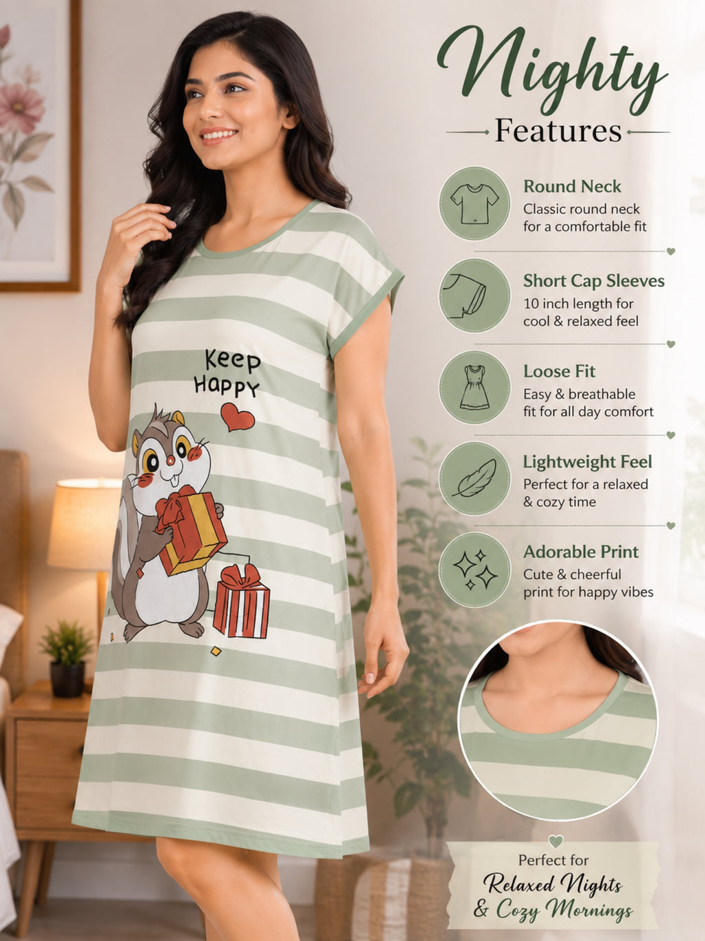 Women's Cute Cartoon Printed Knee Length Nighty | Soft Comfortable Loose Fit Short Sleeve Nighty for Women