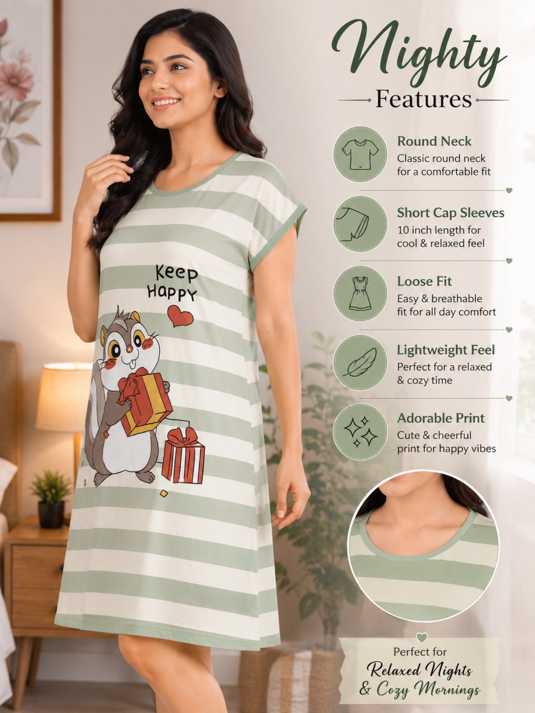 Women's Cute Cartoon Printed Knee Length Nighty | Soft Comfortable Loose Fit Short Sleeve Nighty for Women
