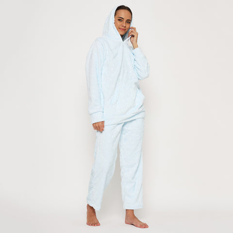 Women's Embossed Full Sleeve Hooded Top and Pajama Pants with Pockets