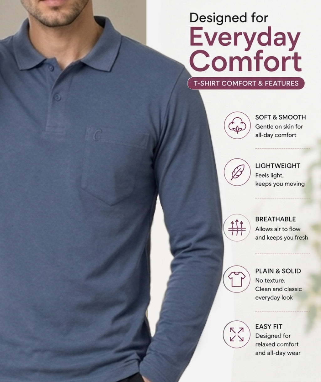 Camey Men's Solid Full Sleeve Polo T-Shirt For Men with Pocket