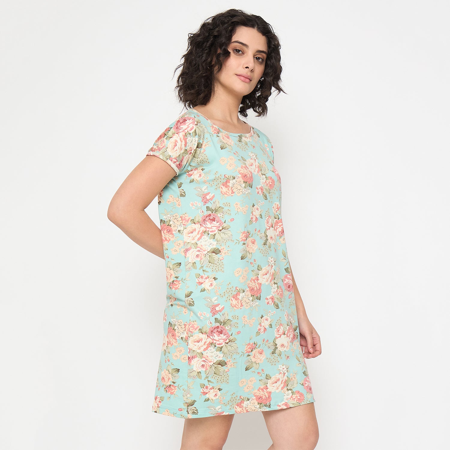 Shop Camey Nighty for Women – Comfort Meets Style |Women's Printed Nightgown, Short Sleeve Sleep Dress, Short Length, Short Nighty, Sky Pink