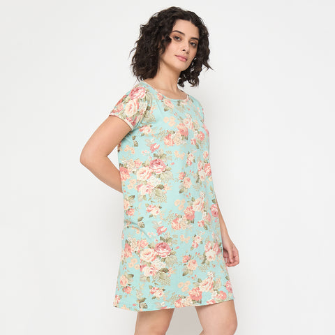 Shop Camey Nighty for Women – Comfort Meets Style |Women's Printed Nightgown, Short Sleeve Sleep Dress, Short Length, Short Nighty, Sky Pink