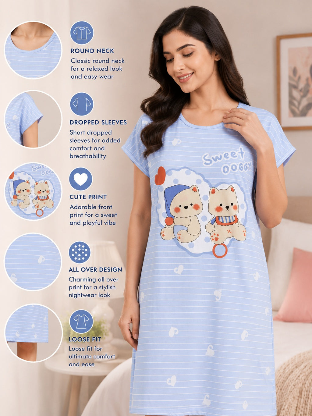 Women's Cute Cartoon Printed Knee Length Nighty | Soft Comfortable Loose Fit Short Sleeve Nighty for Women