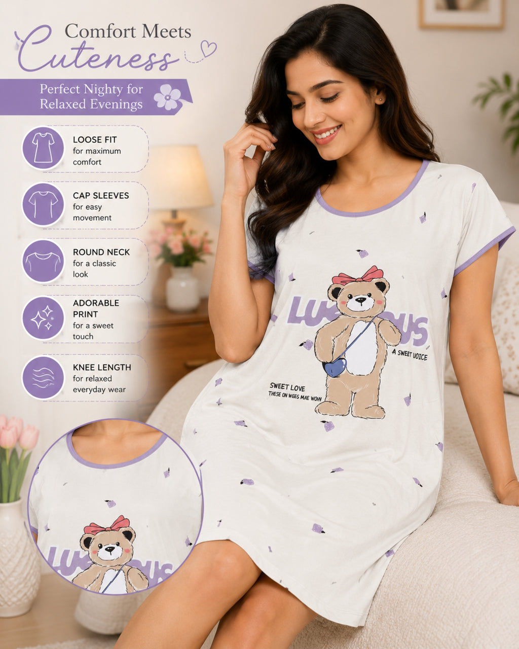 Women's Cute Cartoon Printed Knee Length Nighty | Soft Comfortable Loose Fit Short Sleeve Nighty for Women
