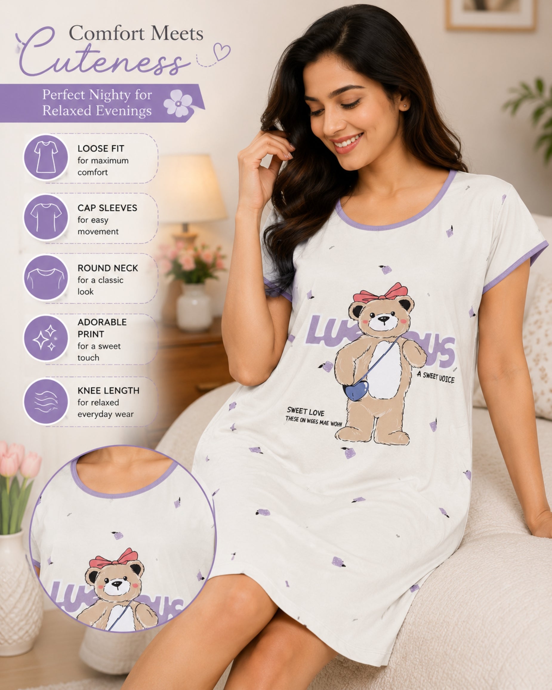 Women's Cute Cartoon Printed Knee Length Nighty | Soft Comfortable Loose Fit Short Sleeve Nighty for Women