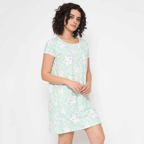 Purchase Camey Cotton Nighty Online – Comfortable Night Dress | Women's Printed Nightgown, Short Sleeve Sleep Dress, Short Length, Short Nighty, White Green