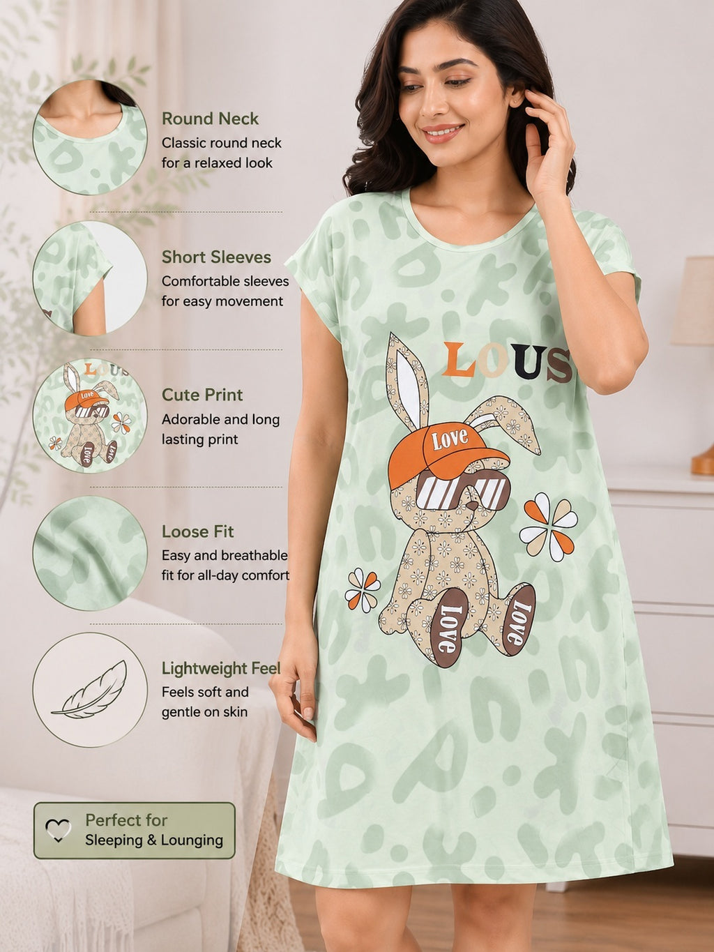 Women's Cute Cartoon Printed Knee Length Nighty | Soft Comfortable Loose Fit Short Sleeve Nighty for Women