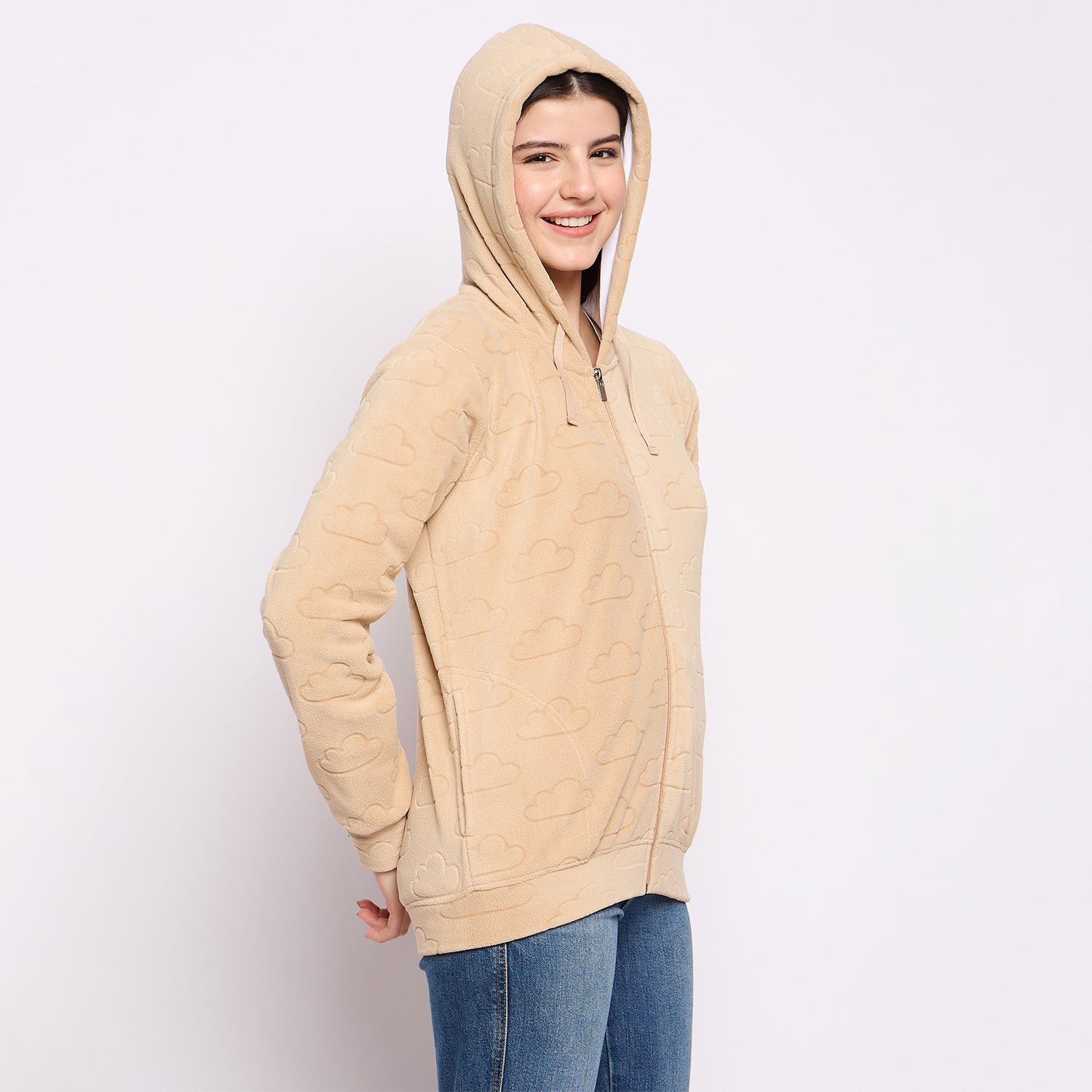 Women’s Embossed Fabric Auli Laser Cut Pattern Hoodie Sweatshirt – Full Sleeve, Zipper Front