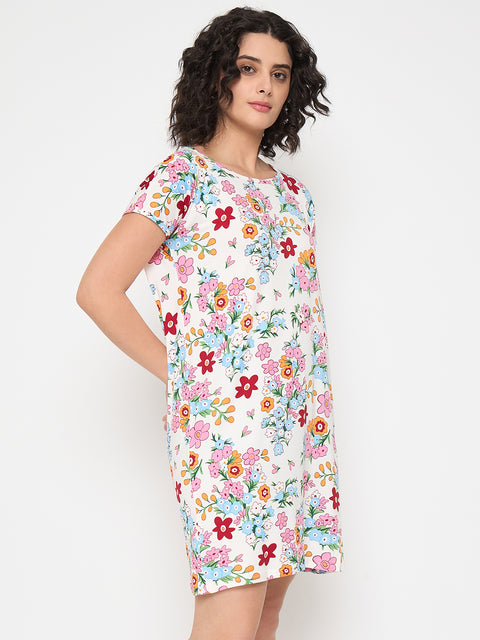Women's Printed Nightgown, Short Sleeve Sleep Dress, Short Length, Short Nighty, White Red