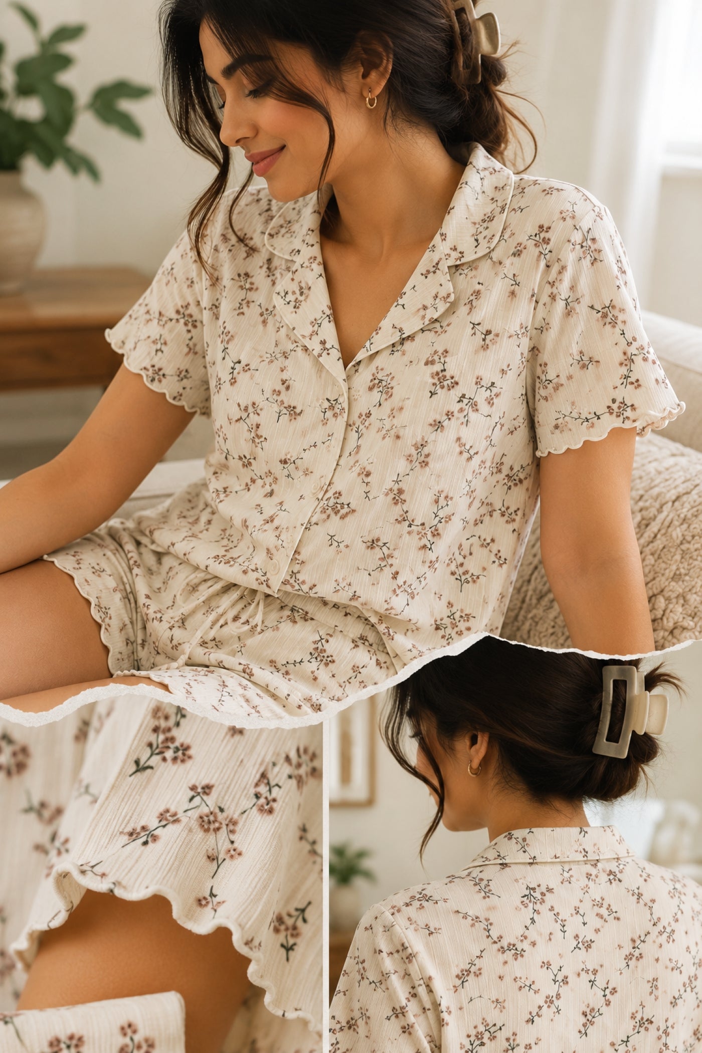 Women Night Suit, Loose Fit Short Set, Shirt & Short Loungewear, Printed Co-Ord, Stretch Fabric