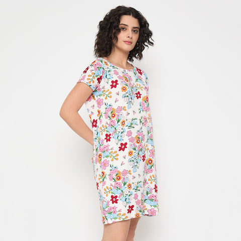 Camey Ladies Night Dress – Ideal for a Sound Sleep | Women's Printed Nightgown, Short Sleeve Sleep Dress, Short Length, Short Nighty, White Red