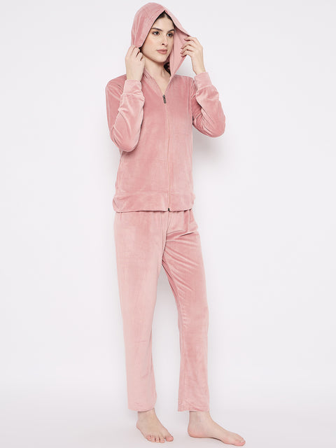 Women's Winter Full Sleeve Top and Pajama Pants Regular Fit Night Suit Hooded Top and Pyjama Set Ladies Night Dress