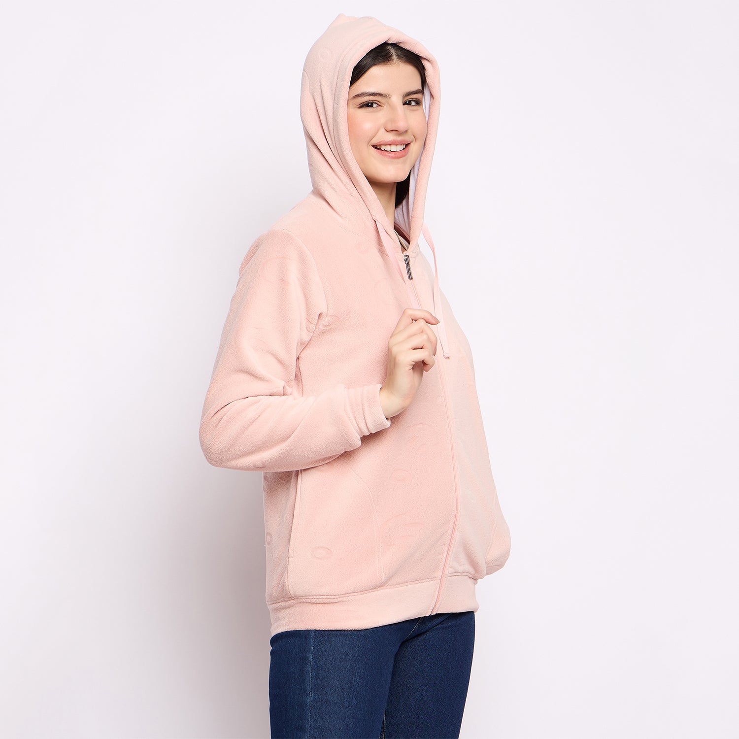 Women’s Embossed Fabric Auli Laser Cut Pattern Hoodie Sweatshirt – Full Sleeve, Zipper Front