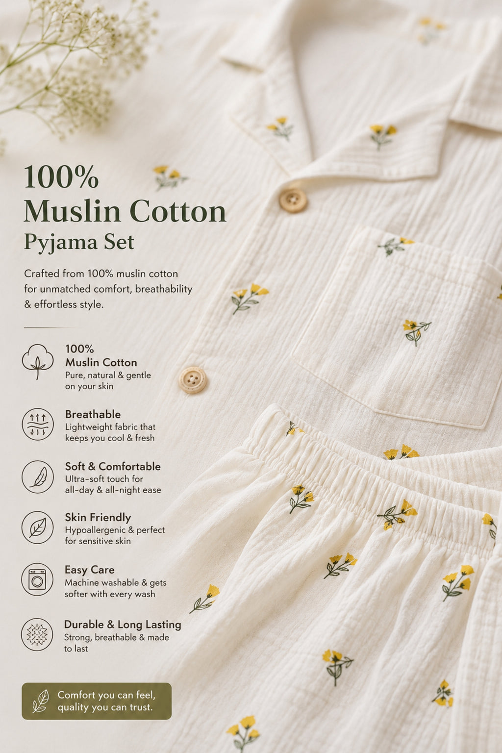 Women Night Suit Cotton Muslin Pyjama Set | Soft Printed Full Sleeve Sleepwear