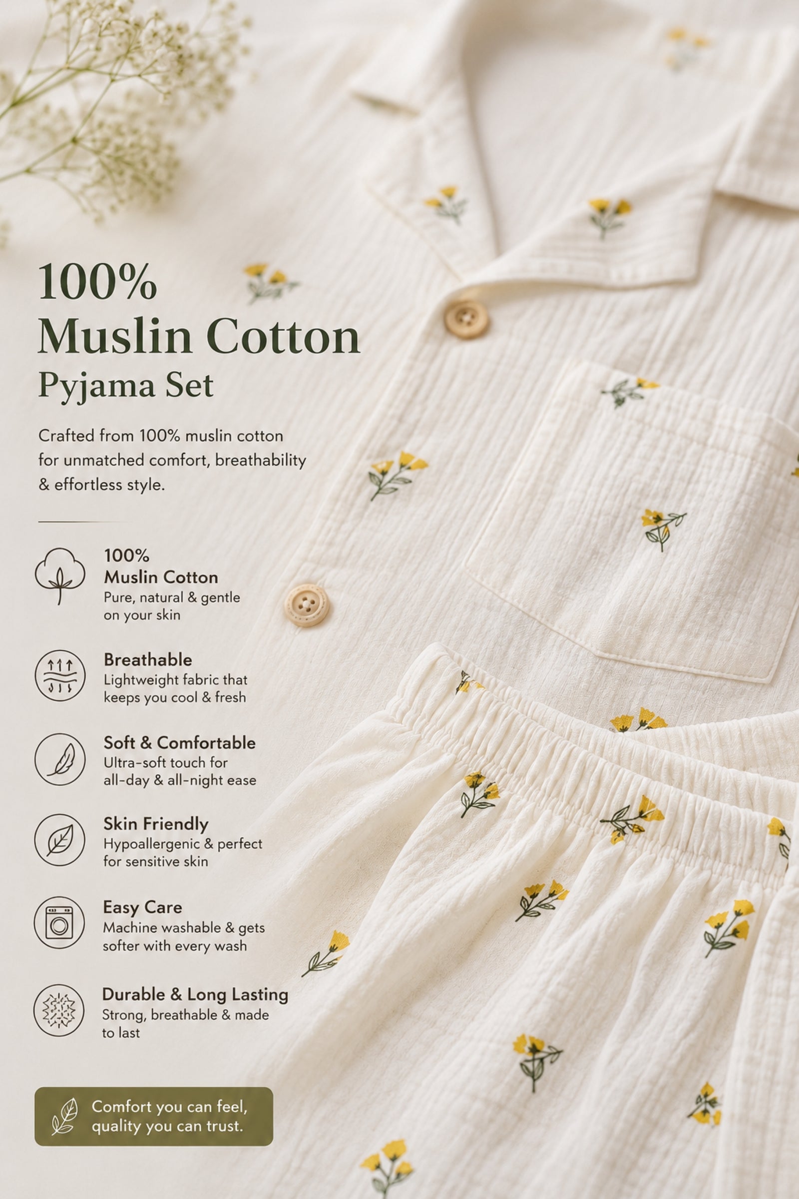 Women Night Suit Cotton Muslin Pyjama Set | Soft Printed Full Sleeve Sleepwear