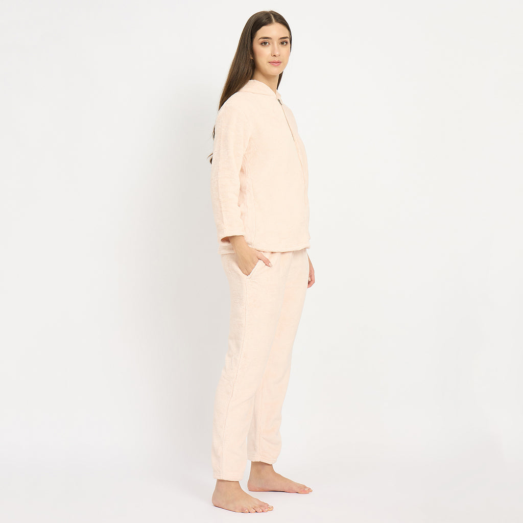 Women's Winter Full Sleeve Jacquard Zipper Hoody Nightsuit