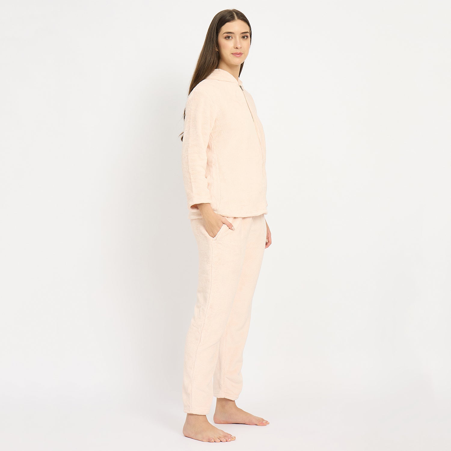 Women's Winter Full Sleeve Jacquard Zipper Hoody Nightsuit
