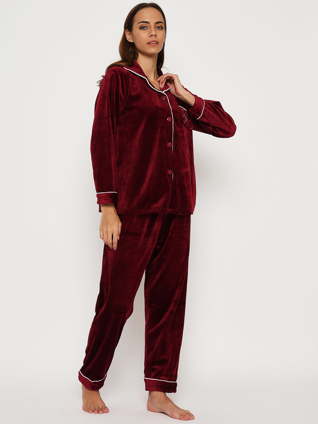 Women's Winter Velvet Full Sleeve Shirt and Pajama Pants Regular Fit Night Suit Shirt collar Top and Pyjama Set Ladies Night Dress