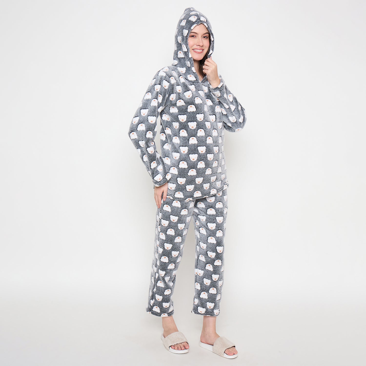 Women's Winter Glow in Dark Printed Full Sleeve Hooded Top, Pajama Pants with Pockets