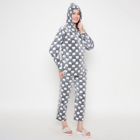 Women's Winter Glow in Dark Printed Full Sleeve Hooded Top, Pajama Pants with Pockets
