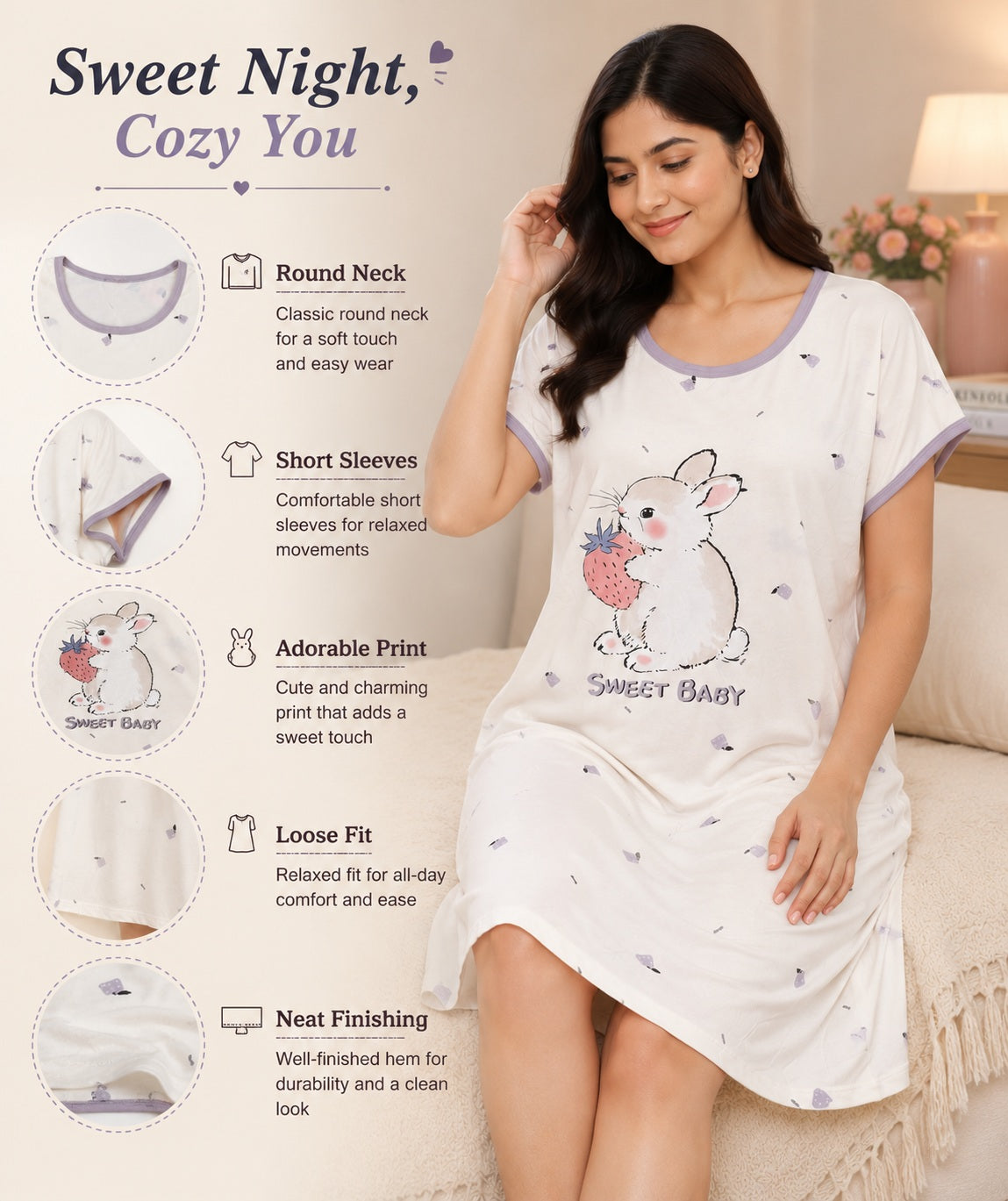 Women's Cute Cartoon Printed Knee Length Nighty | Soft Comfortable Loose Fit Short Sleeve Nighty for Women