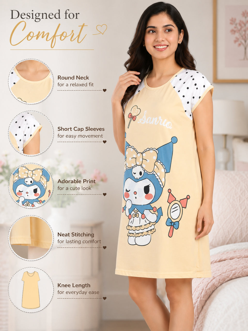 Women's Cute Cartoon Printed Knee Length Nighty | Soft Comfortable Loose Fit Short Sleeve Nighty for Women