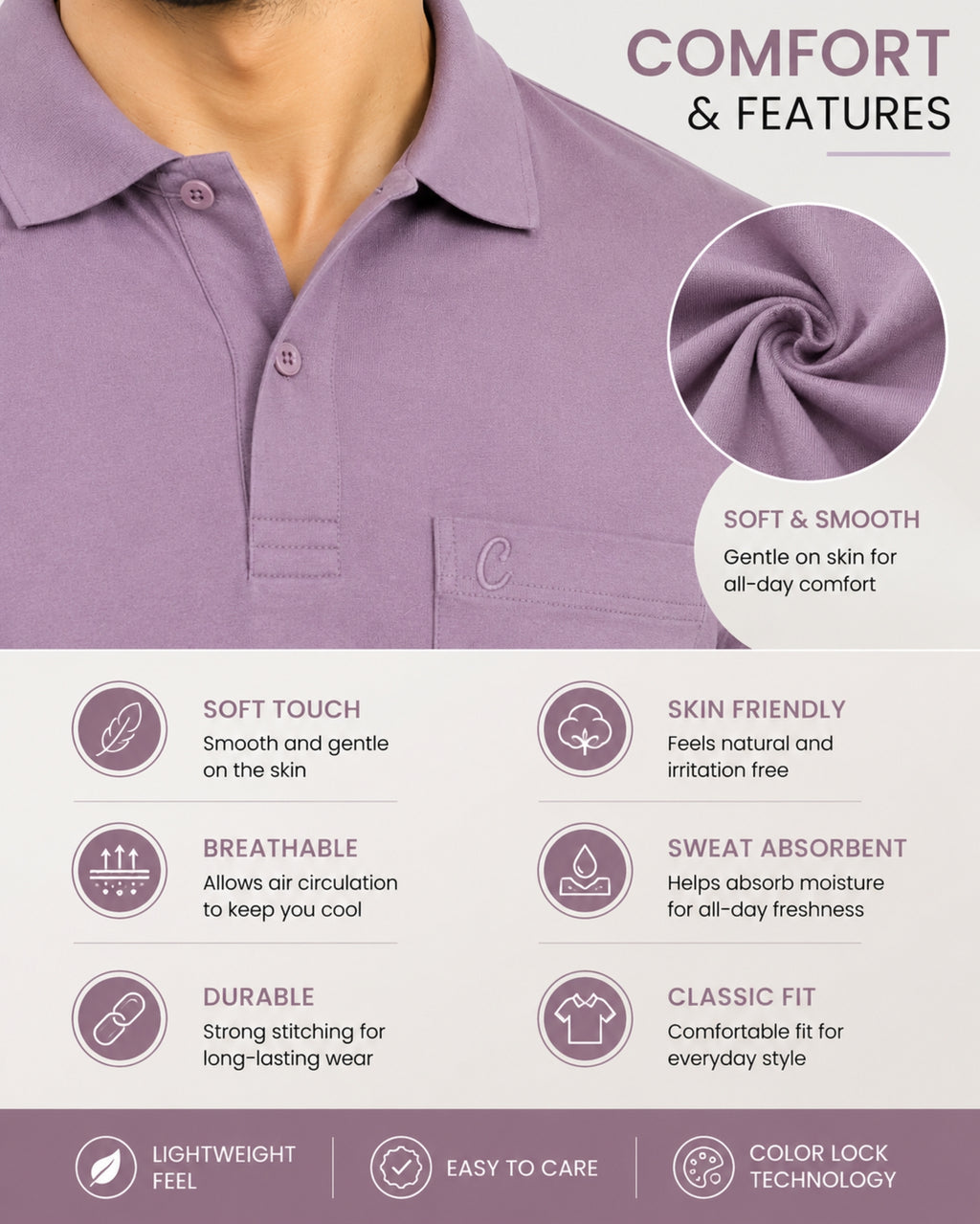 Camey Men's Plain Solid Long Sleeve Polo T-Shirt for men | Collared Casual Cotton Blend Tee with Chest Pocket