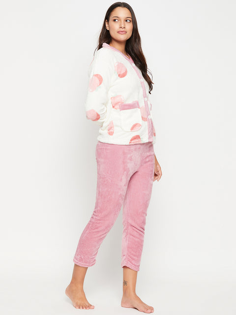 Women Printed Winter Full Sleeve Front open Top and Pajama Pants