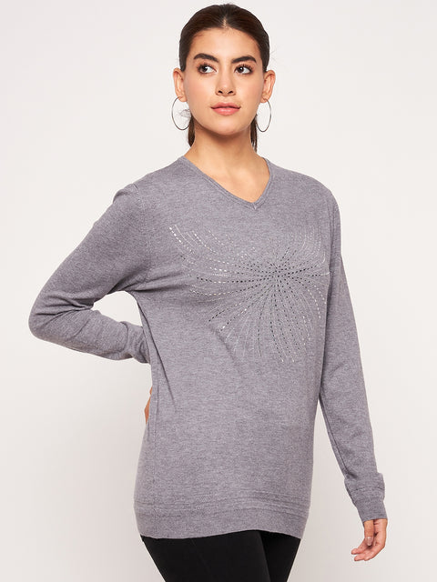 Women Woolen winter full sleeve stone print V- Neck top/Sweater