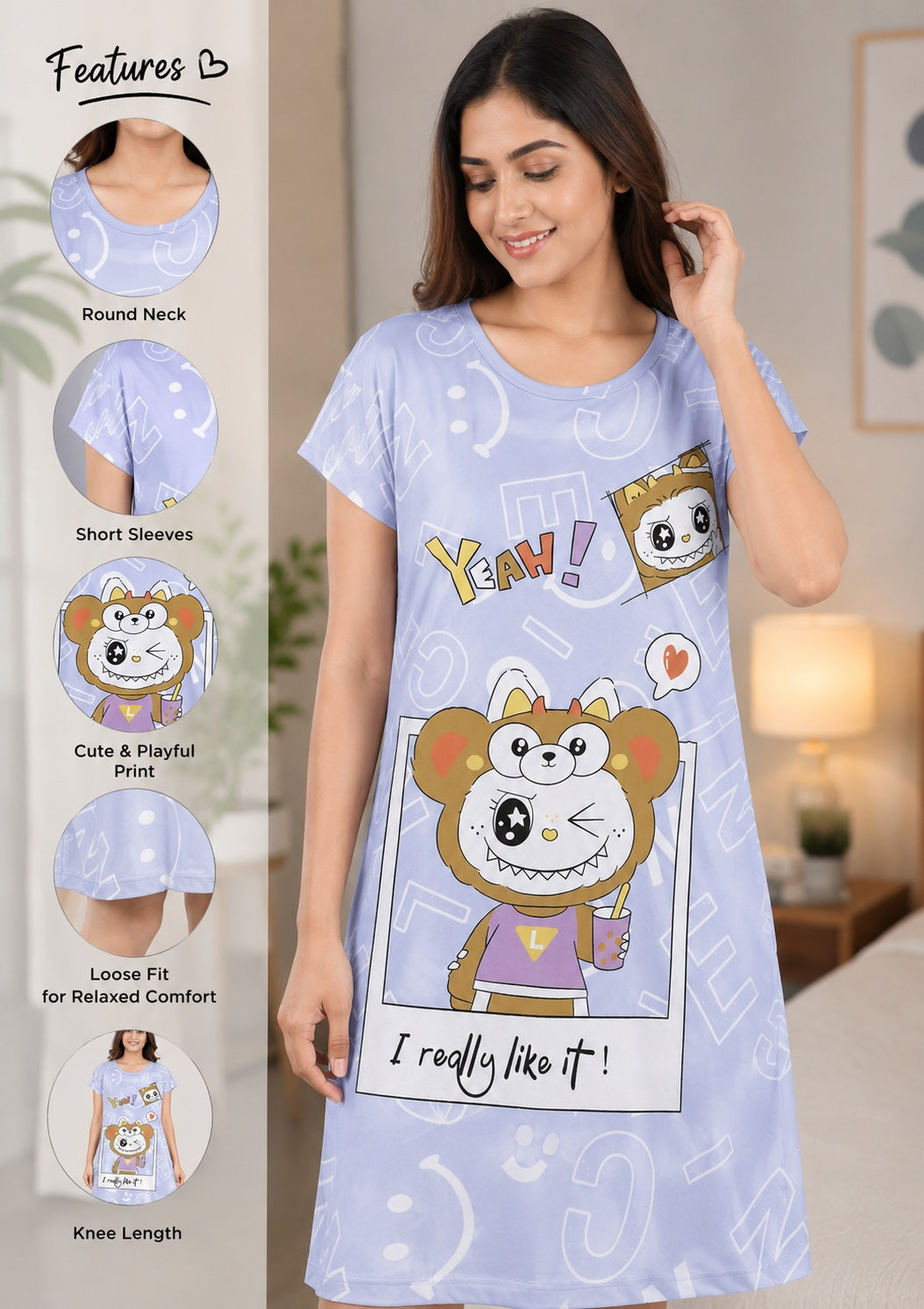 Women's Cute Cartoon Printed Knee Length Nighty | Soft Comfortable Loose Fit Short Sleeve Nighty for Women