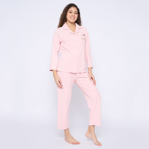 Women's Cotton Pyjama Set, Long Sleeve Button-Down Top with Pants, Sleepwear, Peach
