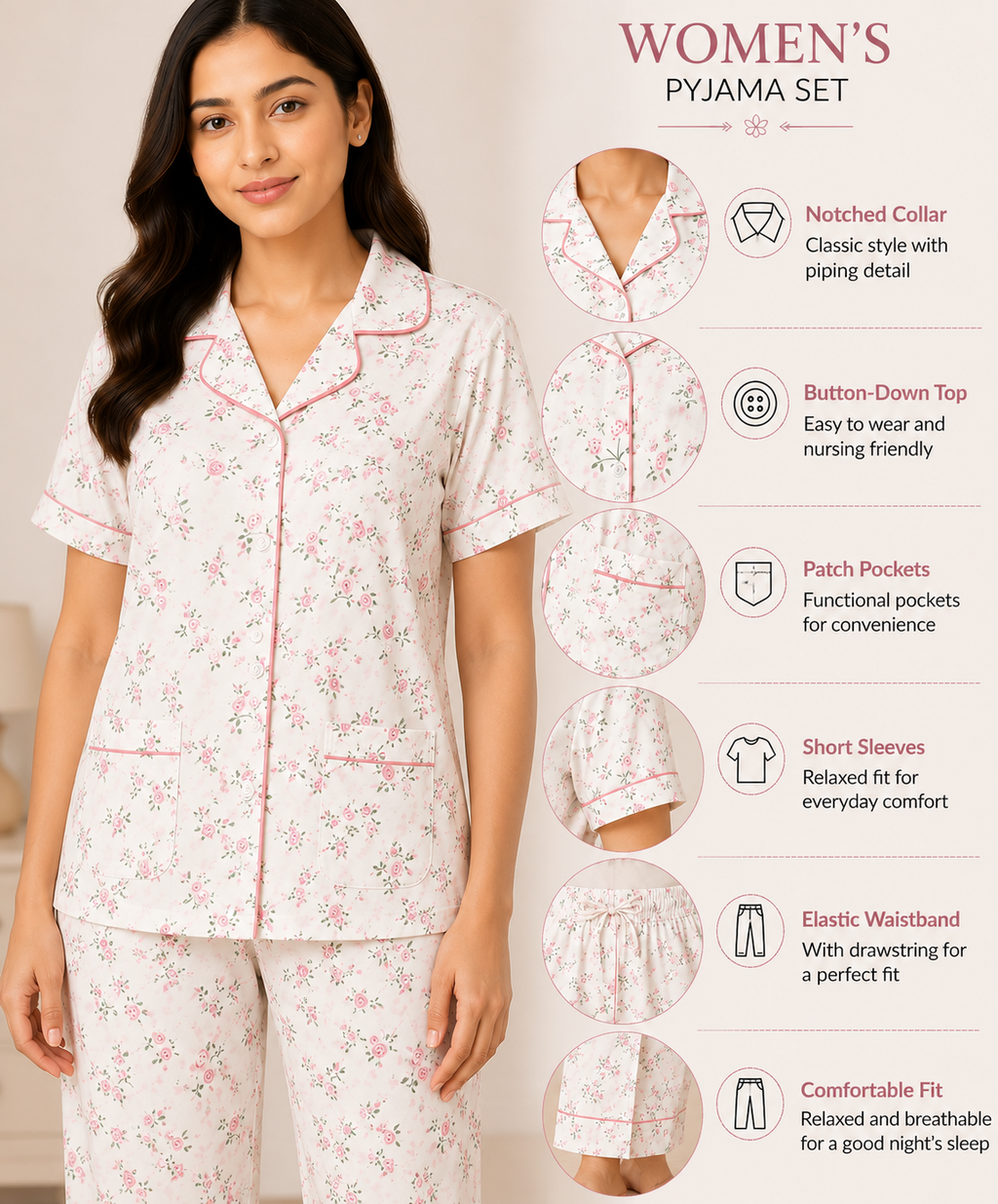 Women Night Suit | Women Sleepwear Set | Ladies Nightwear | Front Open Pyjama Set