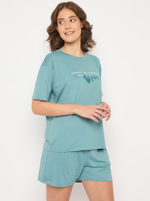 Women's Cotton Loungewear Set, Short Sleeve T-Shirt and Shorts, Teal