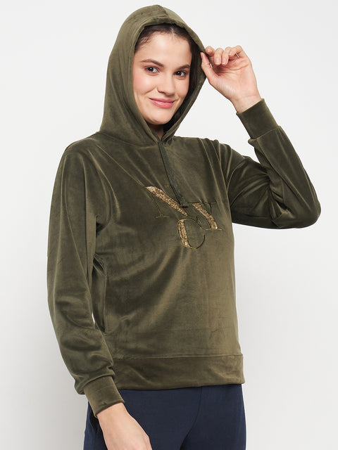 Women Solid Hooded Velvet Embroidered Winter Sweatshirt with 2 pockets
