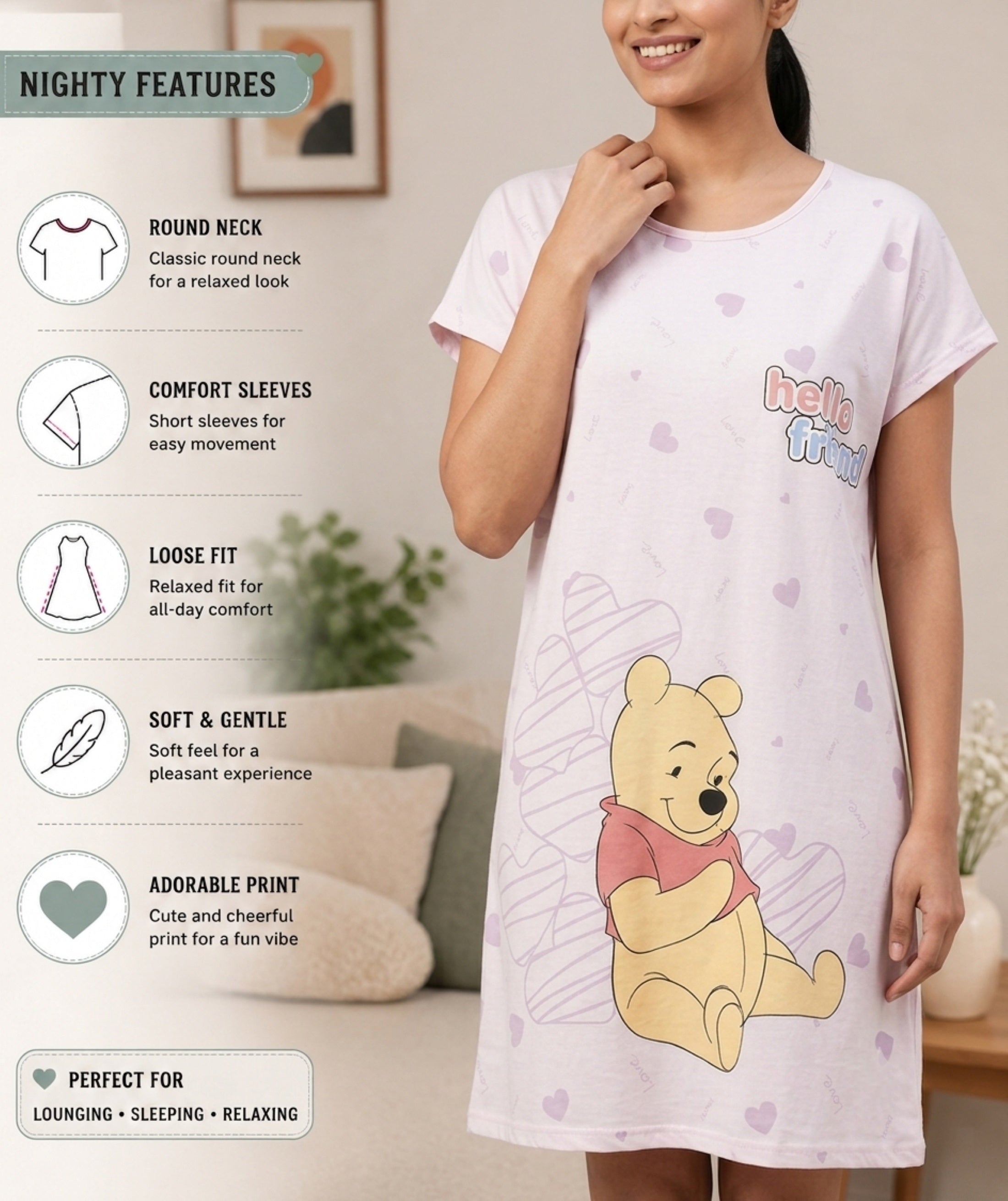 Women's Cute Cartoon Printed Knee Length Nighty | Soft Comfortable Loose Fit Short Sleeve Nighty for Women