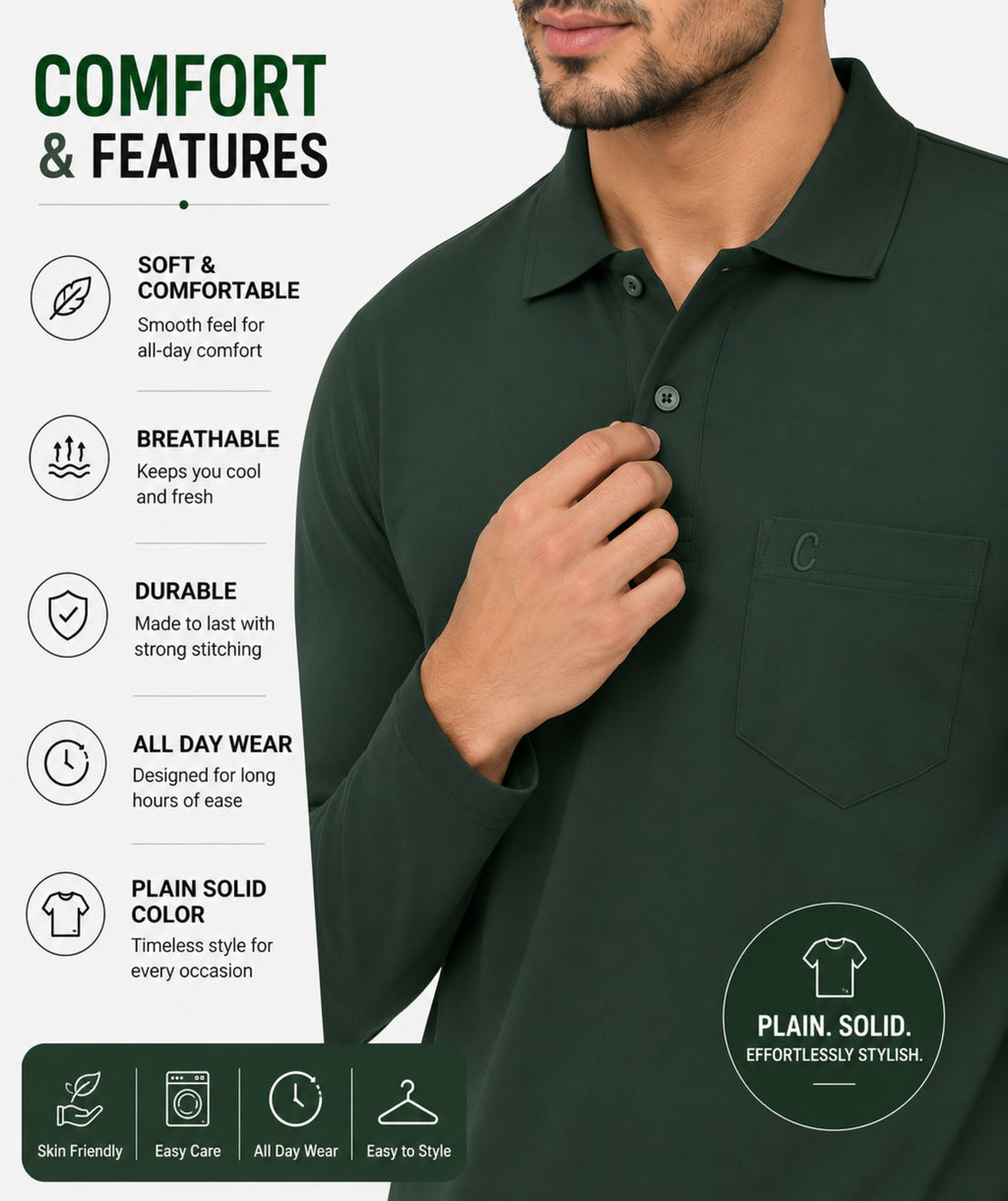 Camey Men's Plain Solid Long Sleeve Polo T-Shirt for men | Collared Casual Cotton Blend Tee with Chest Pocket