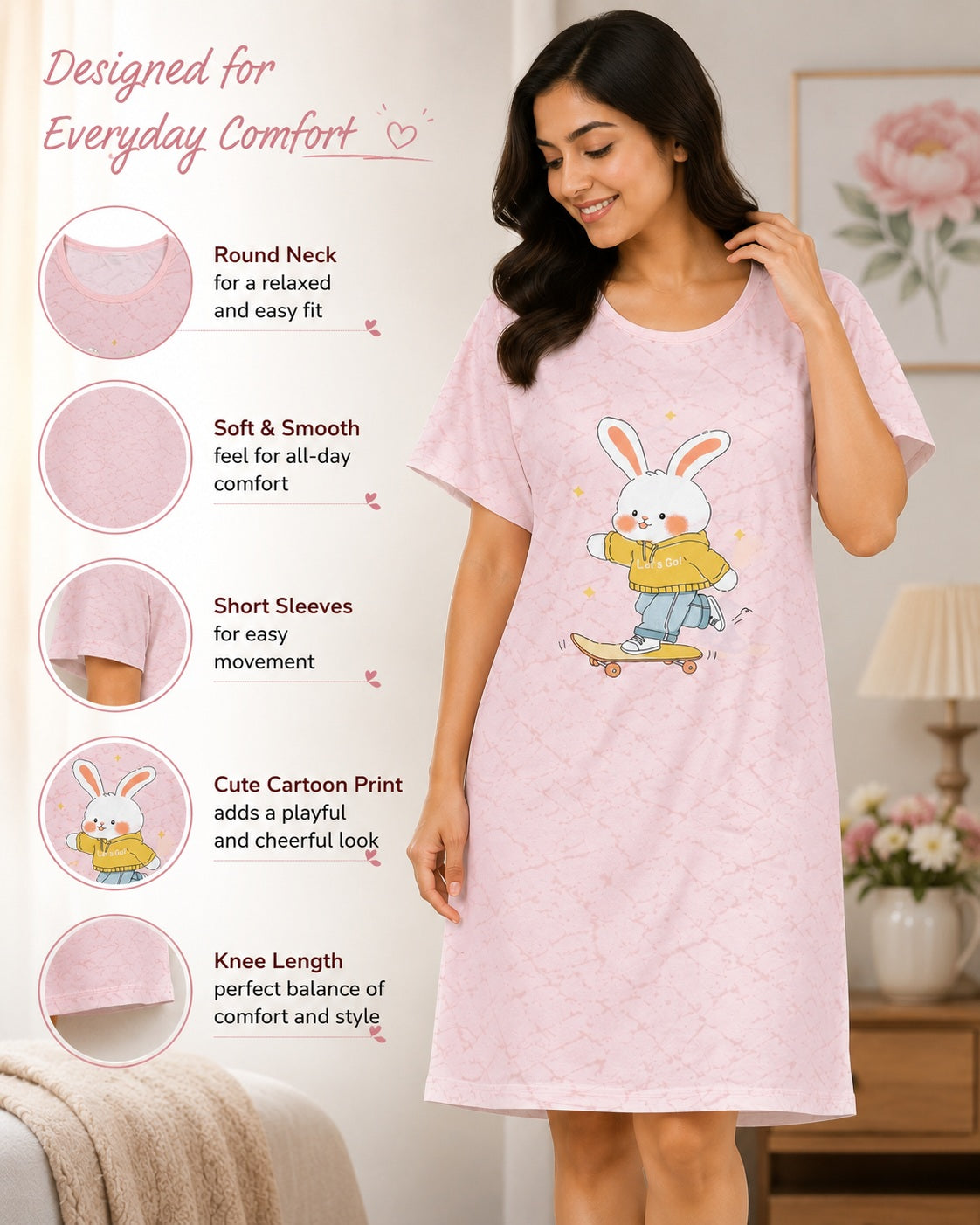 Women's Cute Cartoon Printed Knee Length Nighty | Soft Comfortable Loose Fit Short Sleeve Nighty for Women