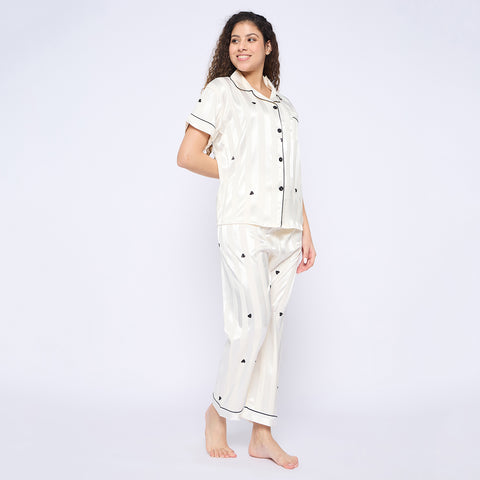 Women's Satin Pyjama Set, Short Sleeve Button-Down Shirt with Full Length Pyjama