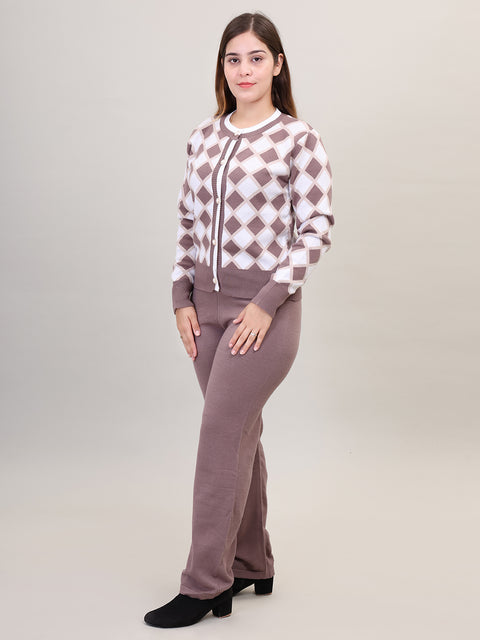 Women's Long Sleeve Round Neck Open Button woolen Brown Co-Ord Set