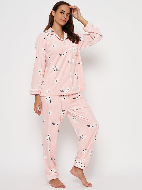 Women's Winter Velvet Full Sleeve Shirt and Pajama Pants Regular Fit Night Suit Shirt collar Top and Pyjama Set Ladies Night Dress