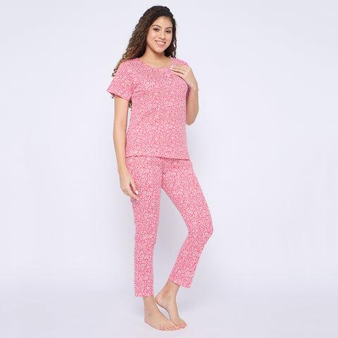 Women's Printed Pyjama Set with pockets, Red