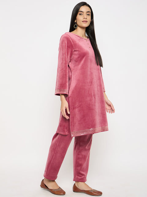 Women's Velvet Winter Kurti Set, Long Sleeves|Winter Velvet Kurti & Pajama Set