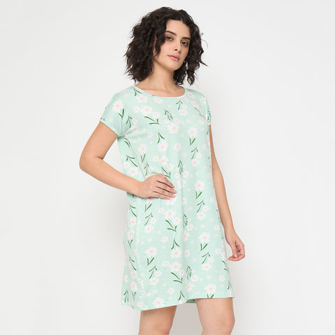 Camey Ladies Nighty – Soft & Stylish Nightwear for Women | Women's Printed Nightgown, Short Sleeve Sleep Dress, Short Length, Short Nighty, Green White