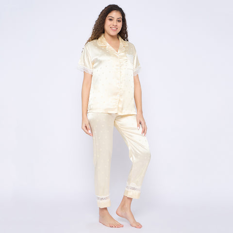 Women's Satin Pyjama Set, Short Sleeve Button-Down Shirt with Full Length Pyjama