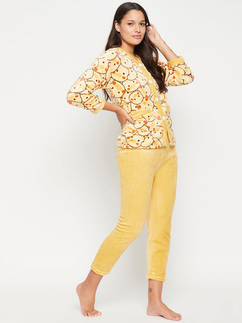 Women Printed Winter Full Sleeve Front open Top and Pajama Pants