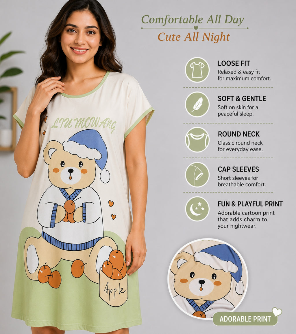 Women's Cute Cartoon Printed Knee Length Nighty | Soft Comfortable Loose Fit Short Sleeve Nighty for Women