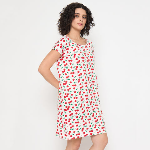 Camey Nighty for Women – Long, Soft & Trendy Sleepwear | Women's Printed Nightgown, Short Sleeve Sleep Dress, Short Length, Short Nighty, Cream Red